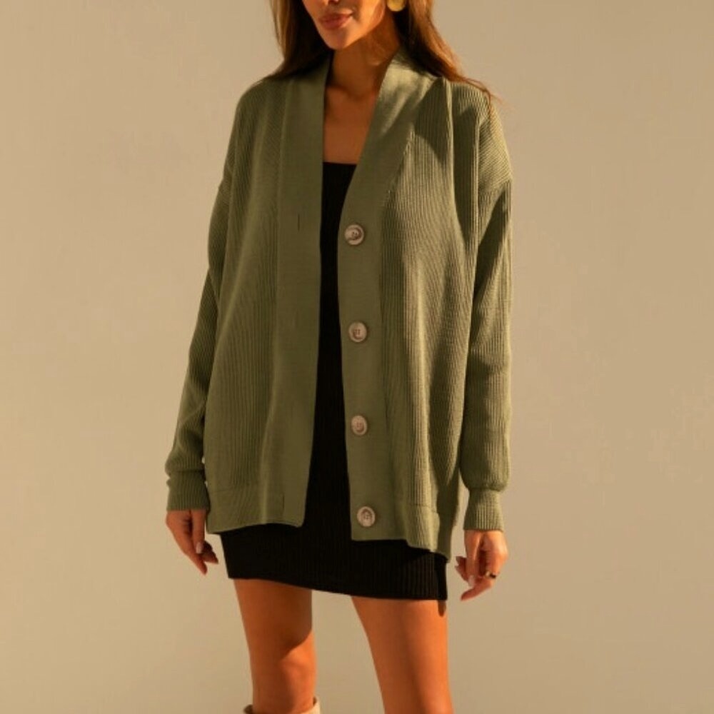NWT CHELSEA28 Cashmere-blend Long Button Down Cardigan Sweater Olive XS